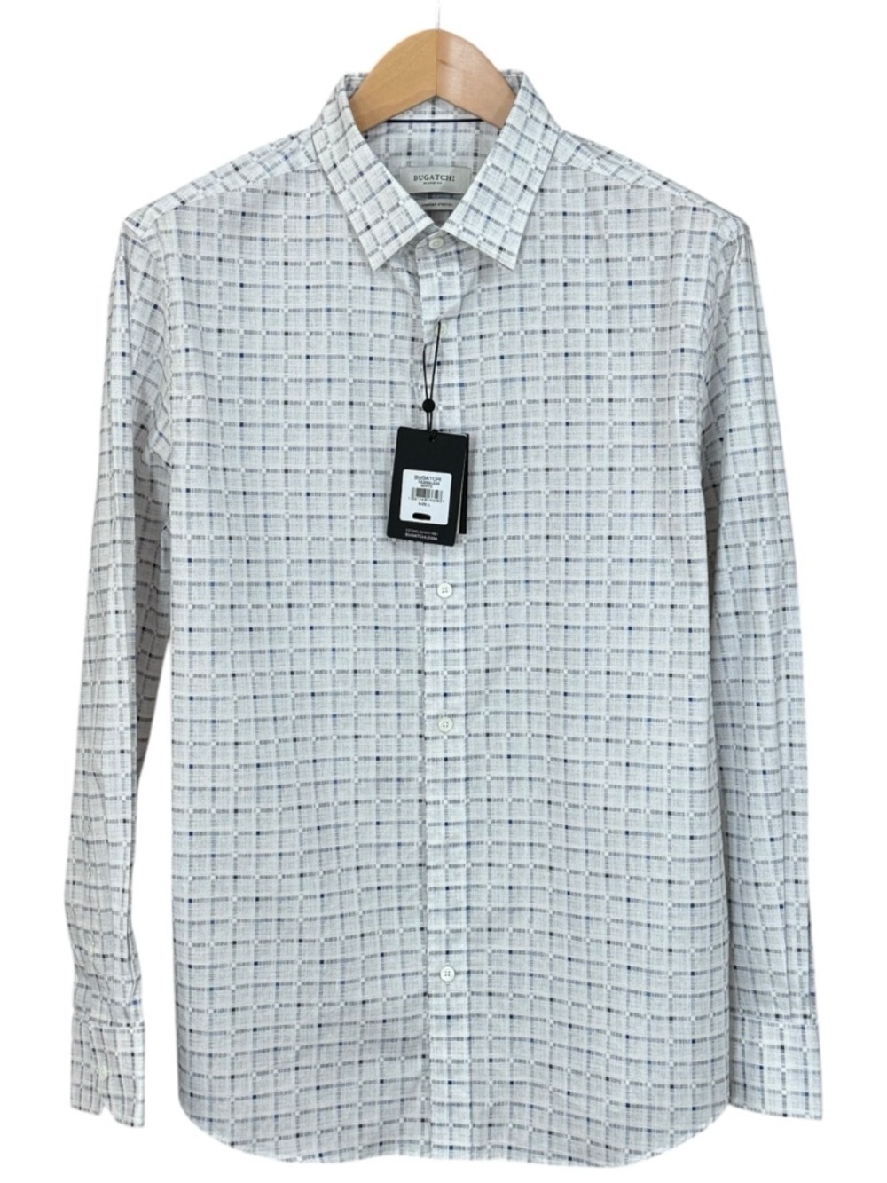 NWT Bugatchi Shaped Fit Comfort Stretch Dress Shirt White Blue Grid L⁠